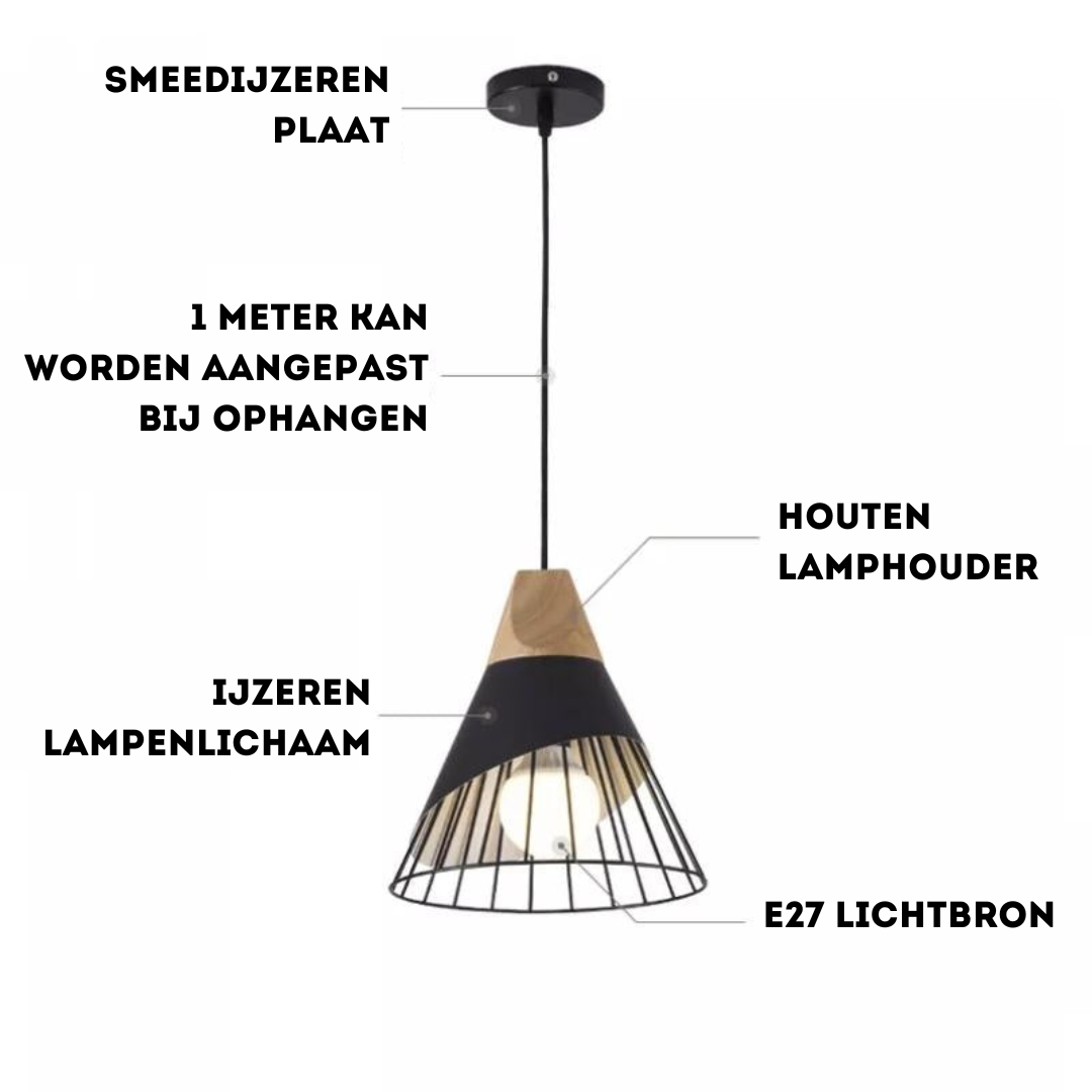 Scandinavische Industriële Hanglamp met Hout en Metaal