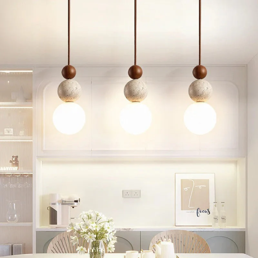 Moderne Hanglamp van Travertin en Mahonie
