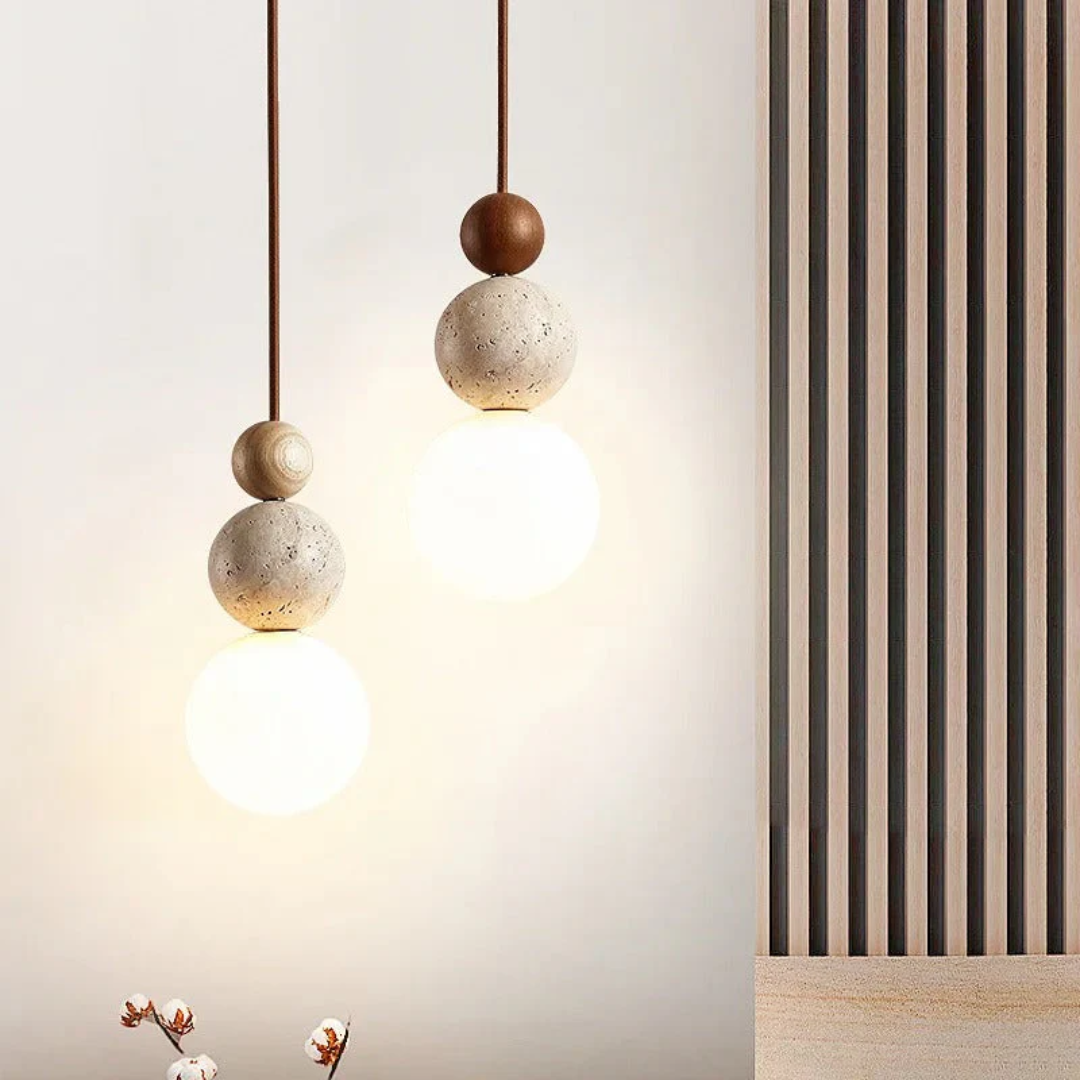 Moderne Hanglamp van Travertin en Mahonie