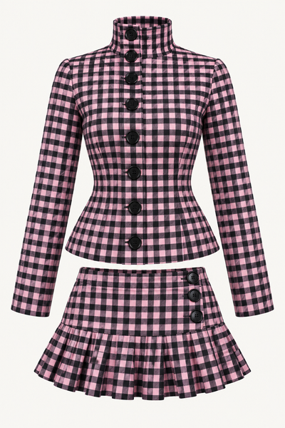 Pink Gingham Button-Up Skirt Set