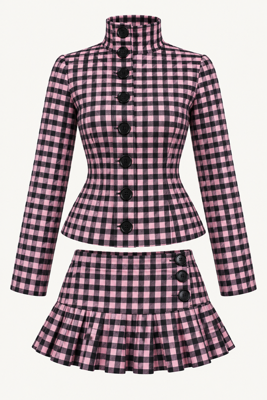 Pink Gingham Button-Up Skirt Set
