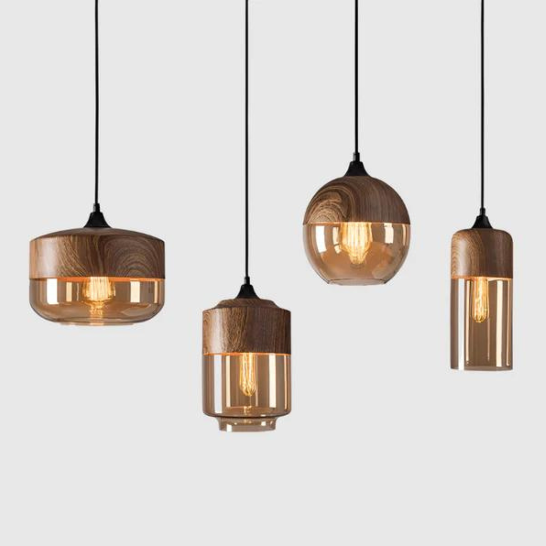 Elegante Scandinavische Houten Plafondlamp met Glas