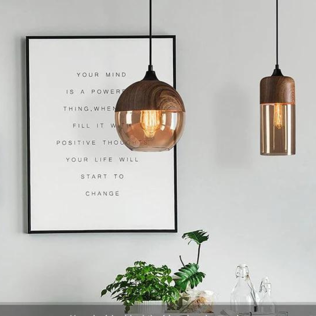 Elegante Scandinavische Houten Plafondlamp met Glas