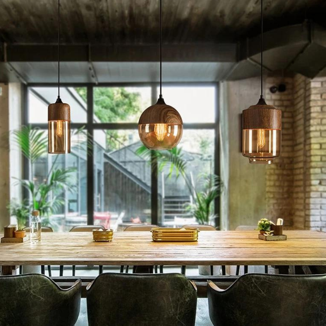 Elegante Scandinavische Houten Plafondlamp met Glas