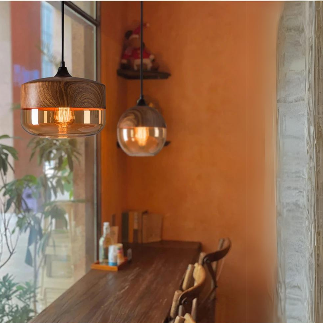 Elegante Scandinavische Houten Plafondlamp met Glas