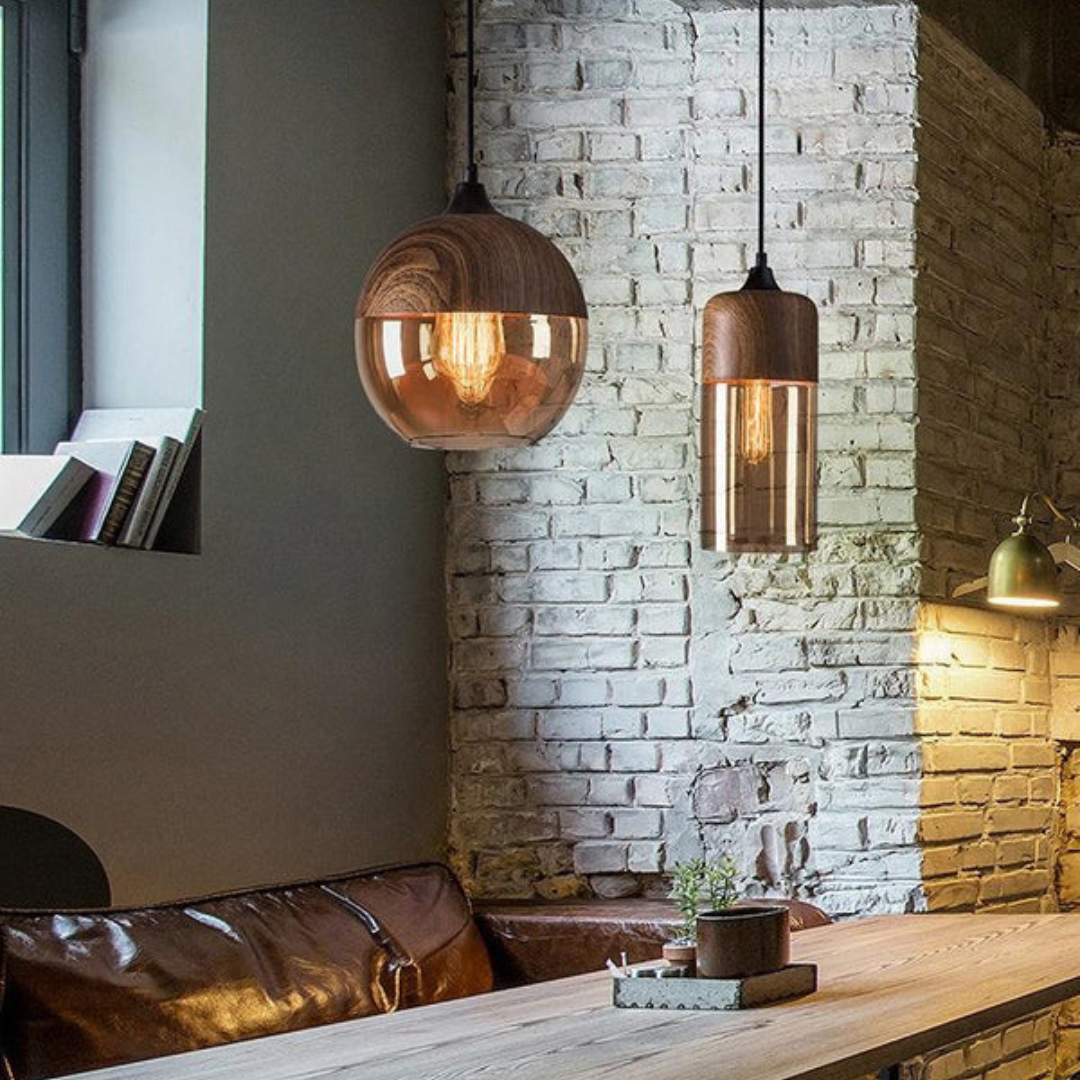 Elegante Scandinavische Houten Plafondlamp met Glas