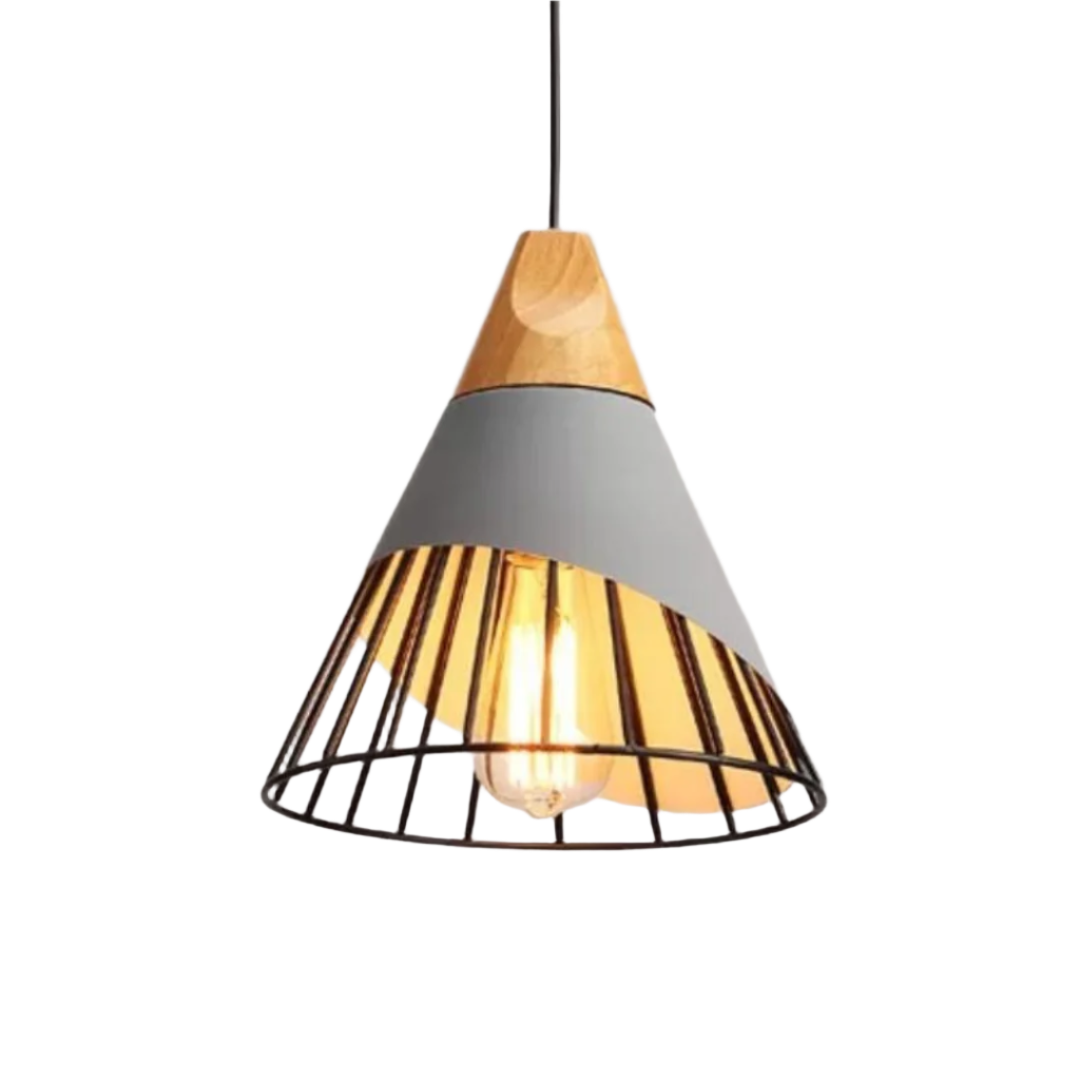 Scandinavische Industriële Hanglamp met Hout en Metaal