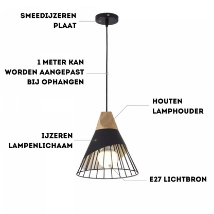 Scandinavische Industriële Hanglamp met Hout en Metaal