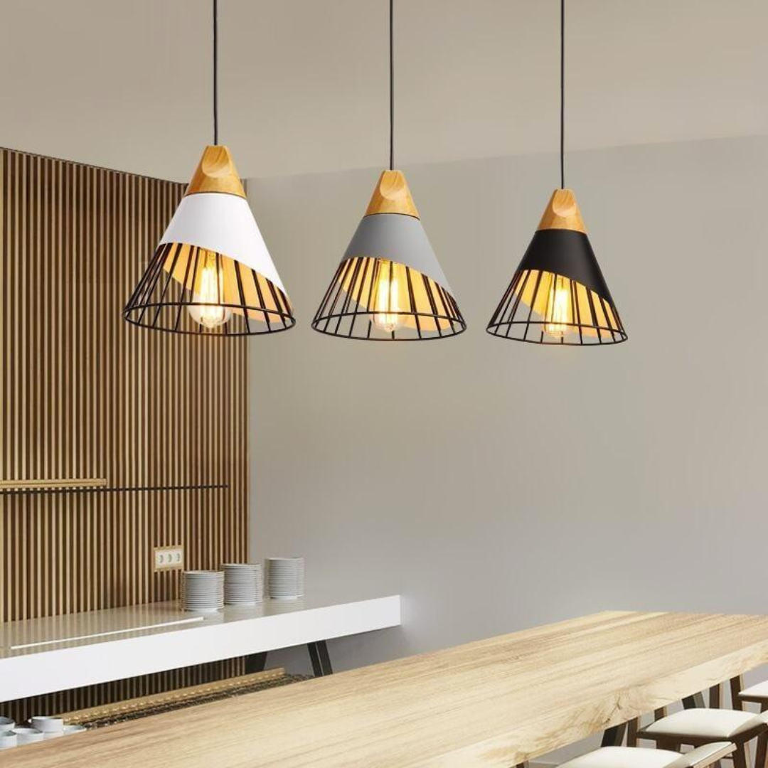 Scandinavische Industriële Hanglamp met Hout en Metaal