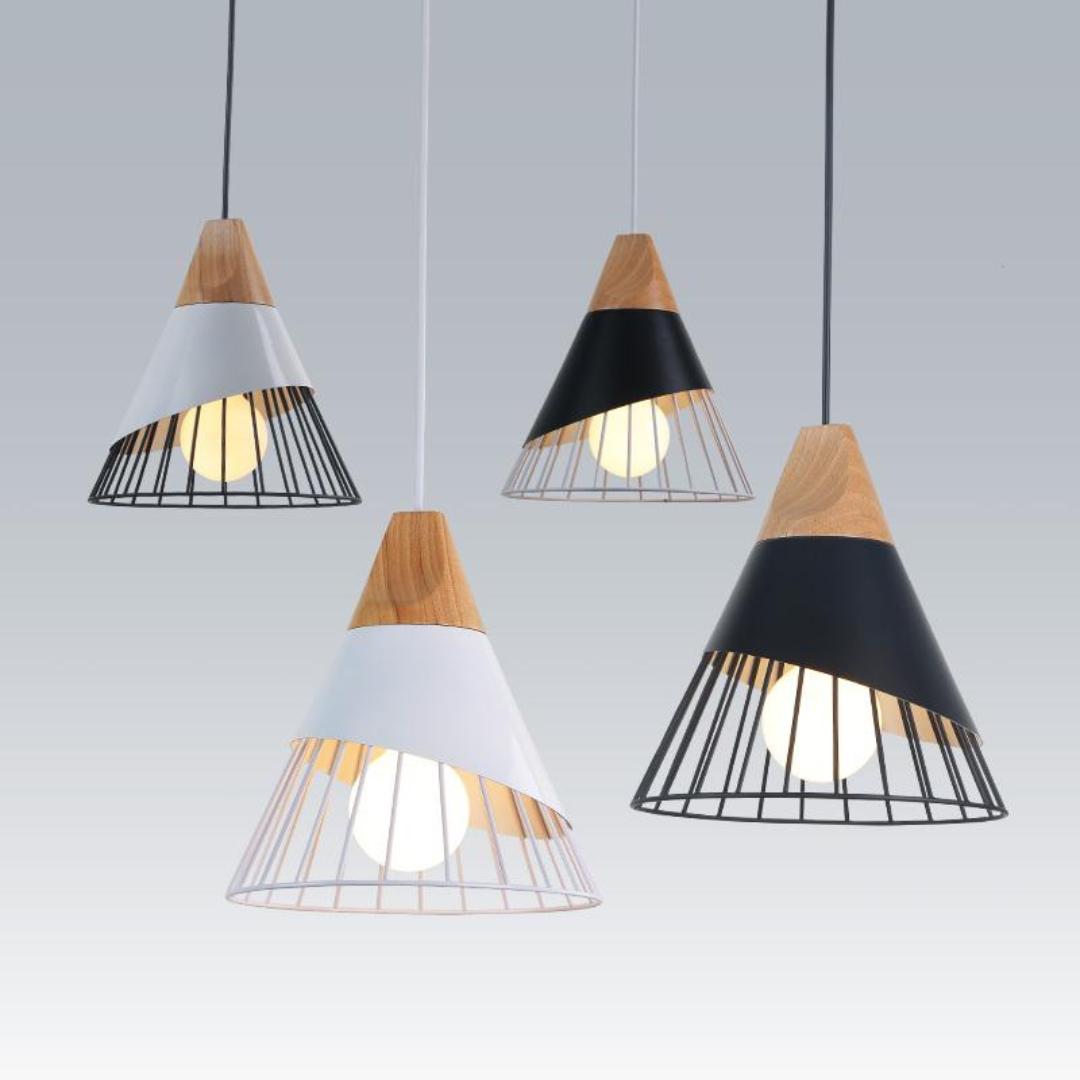Scandinavische Industriële Hanglamp met Hout en Metaal