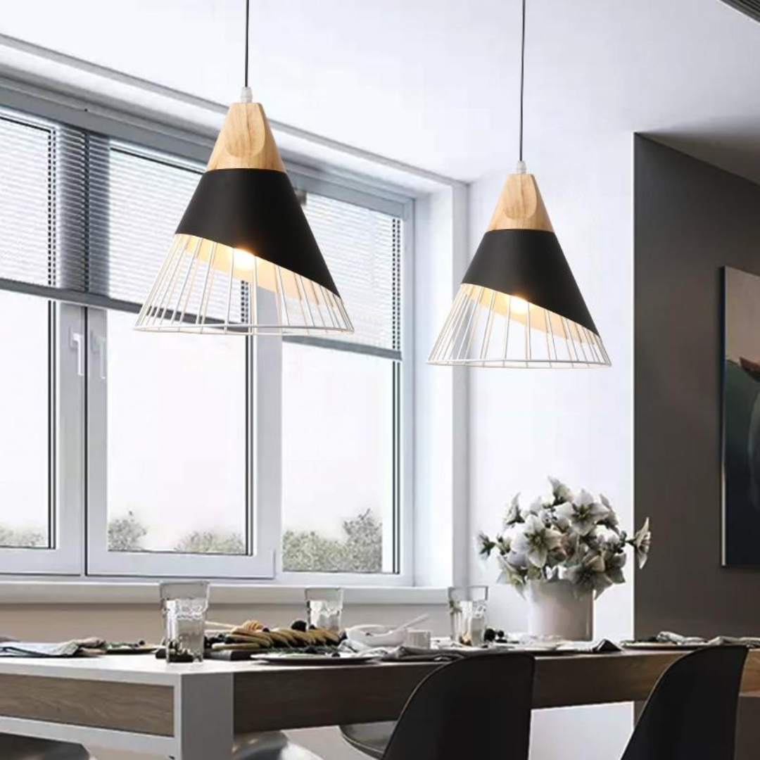 Scandinavische Industriële Hanglamp met Hout en Metaal