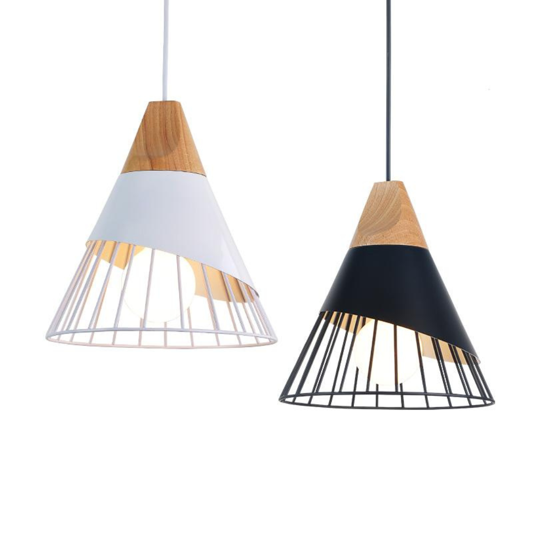 Scandinavische Industriële Hanglamp met Hout en Metaal