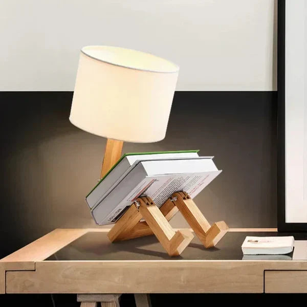 Speelse Houten Tafellamp met Boekenhouder