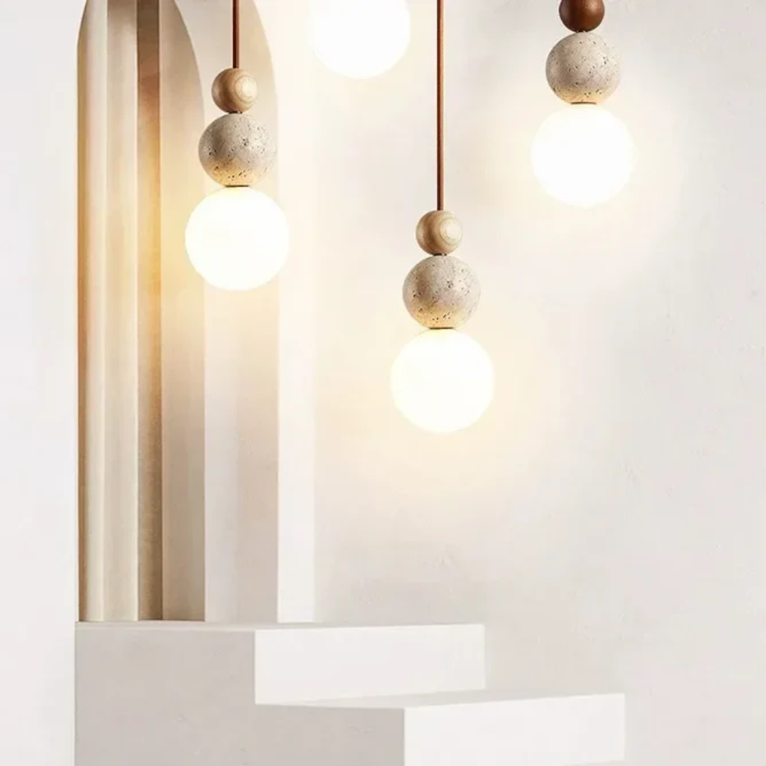 Moderne Hanglamp van Travertin en Mahonie