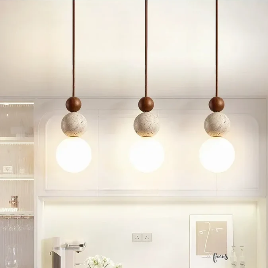 Moderne Hanglamp van Travertin en Mahonie